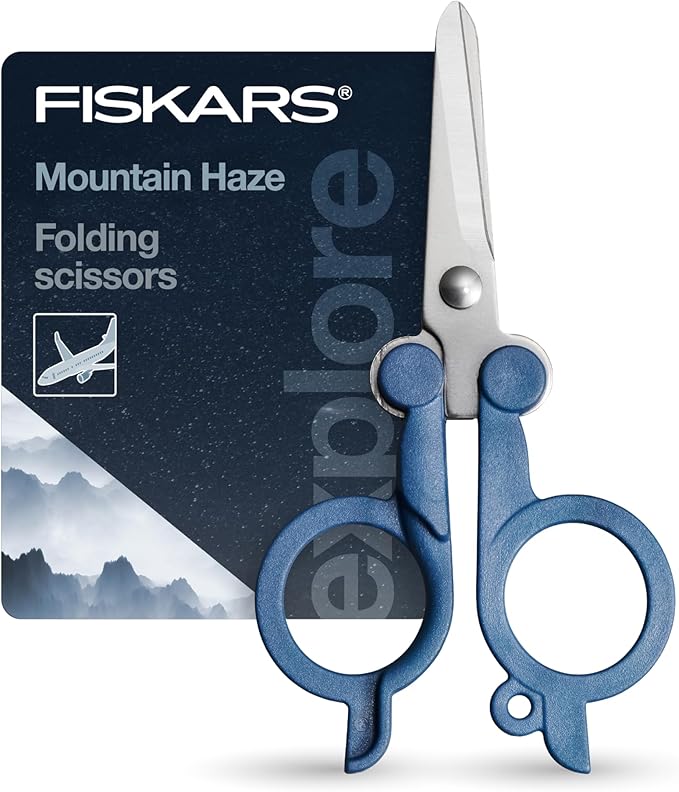 Fiskars Travel Folding Scissors, TSA-Compliant, Compact and Portable for Crafting and Quick Snips, Stainless Steel Blades, Explore Collection, Mountain Haze