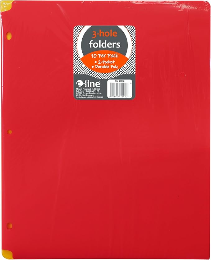 C-Line Two-Pocket Heavyweight Poly Portfolio Folder, 3-Hole Punch, 11 X 8.5, Assorted, 10/Pack