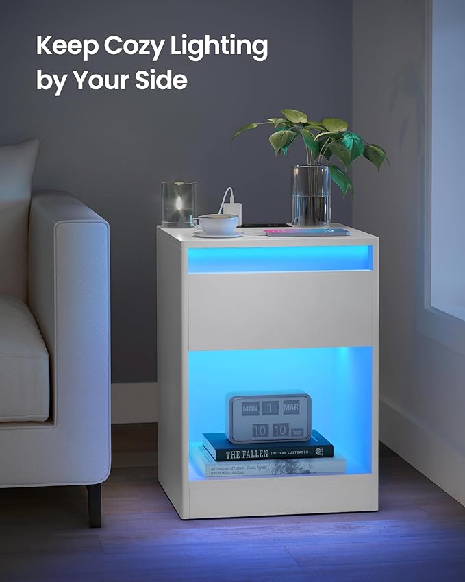 VASAGLE LED Nightstand with Charging Station, Adjustable Light Colors, 2 AC Outlets, 2 USB Ports, Bedside Table, Side Table with Drawer, Modern, 13.8 x 15.7 x 21.7 Inches, Cloud White ULET618T14V1