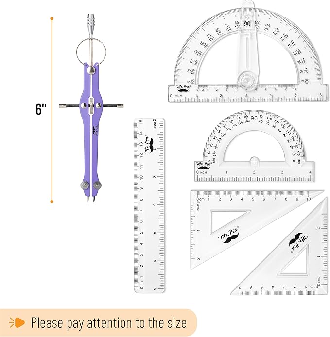 Mr. Pen- Geometry Set, 15 pcs, Purple, 6 Inch Swing Arm Protractor, Divider, Set Squares, Ruler, Compasses and Protractor