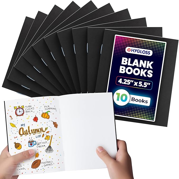 Hygloss Blank Books - Bulk 10 Pack – 4.25" x 5.5" A6 Black Paperback Blank Books for Kids to Write Stories, Doodle, Arts & Crafts – Plain Drawing Sketchbook, Unlined Journal, Notebook Without Lines
