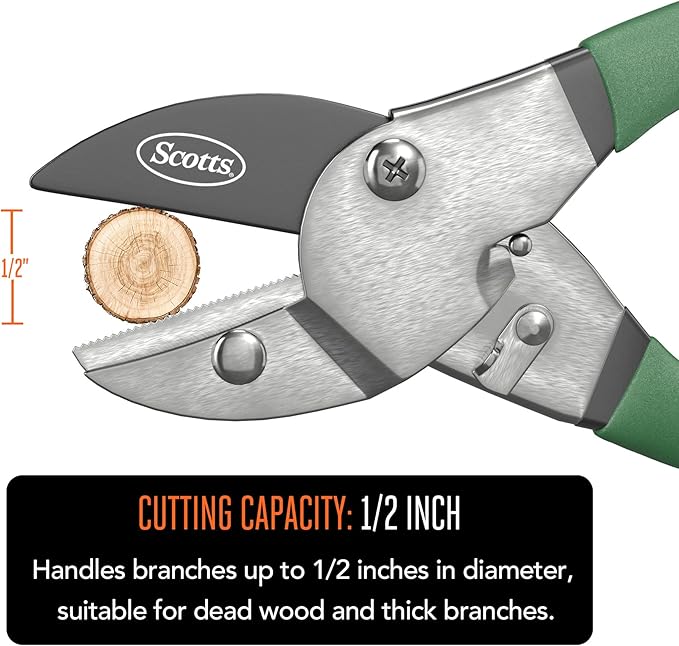 Scotts 8 in. Anvil Pruning Shears – 1/2 in. Cutting Capacity, Heavy-Duty Garden Pruner for Dry Stems and Dead Wood, Sap Resistant – Comfort Grip with Sharp Carbon Steel Blade for Yard and Garden Use
