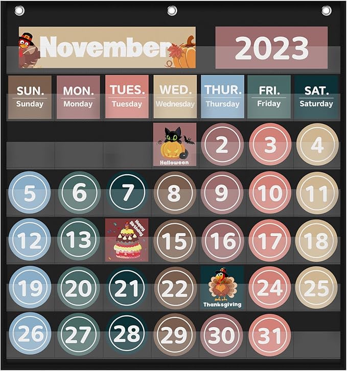 Monthly Calendar Pocket Chart for Classroom, Printed Days of The Week with Cards, Learning for Home or Kindergarten, Teacher Must Have Supplies That Fits Any School Décor (Black)