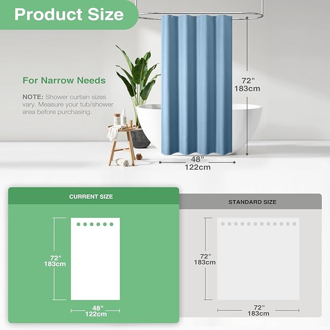 Dynamene Stall Fabric Shower Curtain - 48 inch Wide Waffle Weighted Thick Cloth Shower Curtains for Bathroom, Neutral Heavy Duty Hotel Spa Luxury Bath Curtain Set with 8 Hook, 48x72, Moonlight Blue