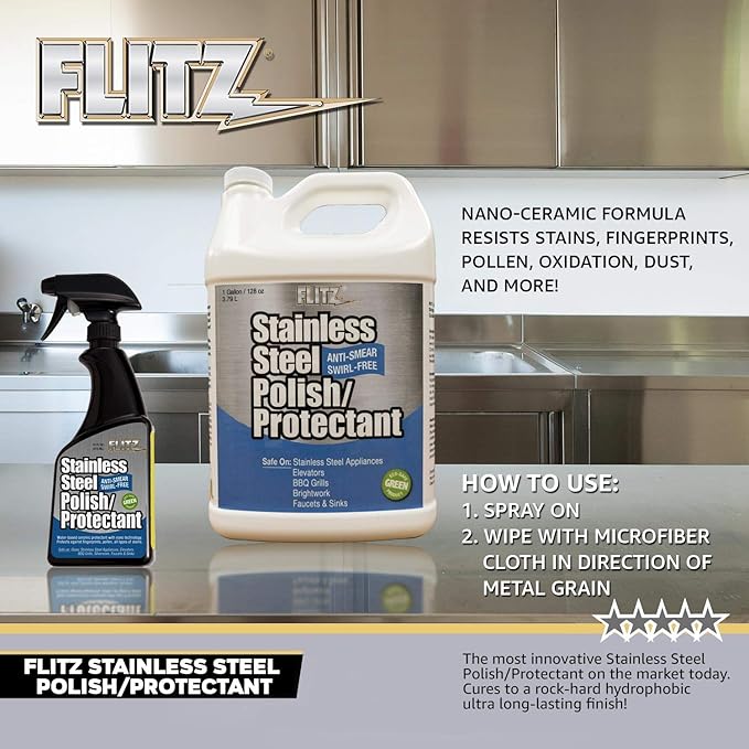 Flitz Stainless Steel Polish Protectant - 16oz Bottle, USA-Made Ceramic Coating for Stainless Steel Appliances, Repels Fingerprints & Water Spots - Aluminum & Chrome Polish & Protectant (3 Pack)