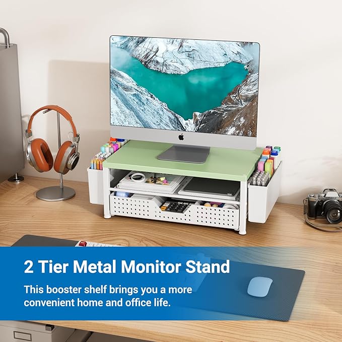 Wood Monitor Stand Riser, Laptop Stand for Desk, Office Desk Organizer and Accessories, Computer Desktop Shelf with Drawer and Pen Holder, Printer Stand for Home, Office, Dorm (Green Wood)