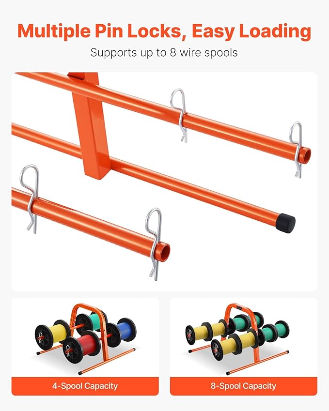 VEVOR Wire Spool Rack, 100 lbs Capacity, Smart Hand Caddy, Heavy-Duty Steel Wire Dispenser Holder for Up to 8 Spools, MAX 9.45 in Diameter, Easy Lift Design for Electrical Industrial and Retail Use