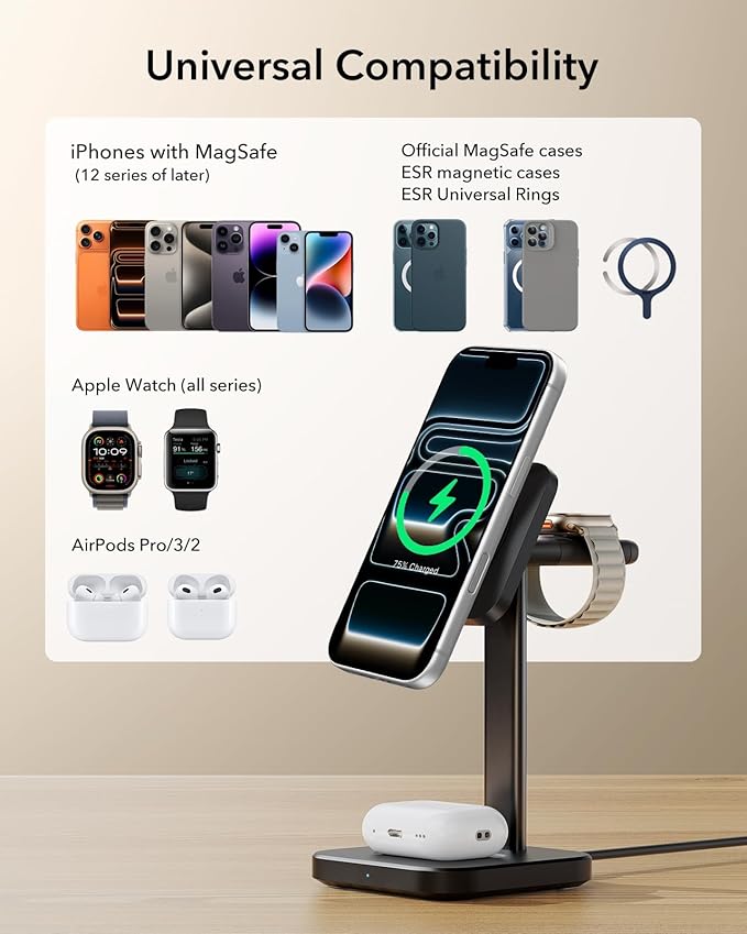 ESR for 3 in 1 Wireless Charging Station, Certified Apple Watch Charger, 15W MagSafe Charger Stand for iPhone, Wireless Charger for Multiple Devices iPhone 17/16/15/14/13, Watch, AirPods, Grey