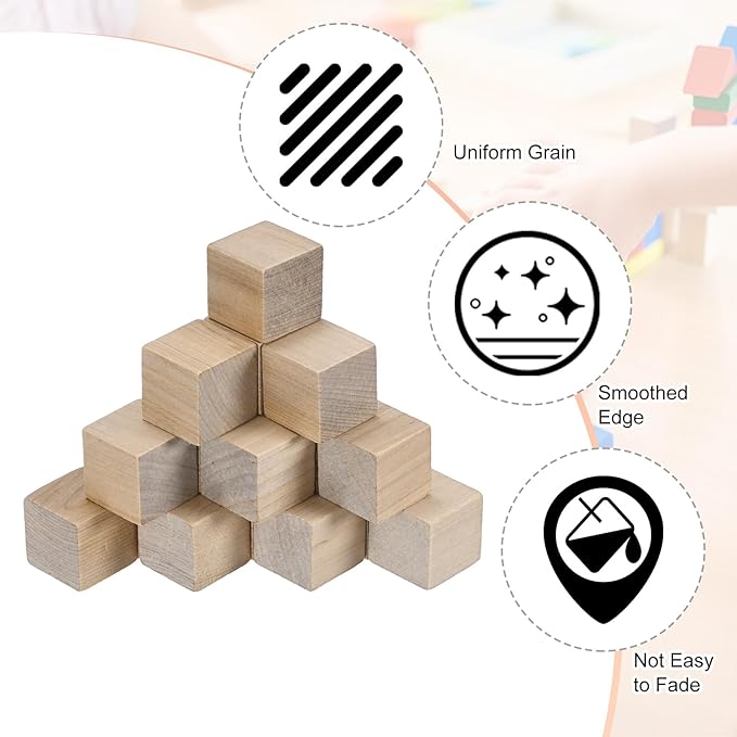 50-Pack DIY Wooden Cube, 1 Inch(2.5 Cm) Colored Natural Wood Blocks for Crafts Making Puzzle Games/Wedding/Home Decor/Dice/Building, Square Blank Block [Natural Tone]