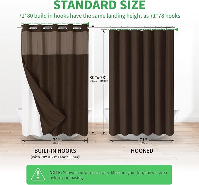 Long No Hooks Needed Linen Textured Shower Curtain with Snap-in Fabric Liner Set,Hotel Luxury Decor Shower Curtains for Bathroom,Waterproof & Washable,71Wx80H,Brown