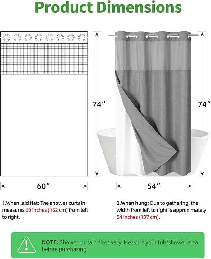 Stall No Hooks Needed Linen Textured Shower Curtain with Snap-in Fabric Liner Set,Hotel Luxury Decor Shower Curtains for Bathroom,Waterproof & Washable,60Wx74H,Grey/Gray