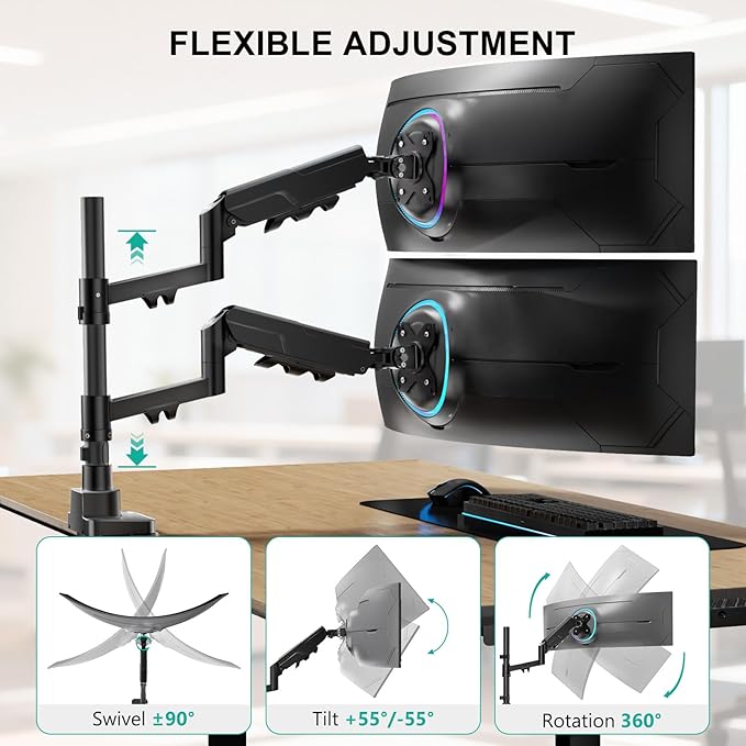 WALI Vertical Dual Monitor Mount for 17-49 inch Ultrawide Curved Screens, Heavy Duty Stacked Dual Monitor Stand for Desk, Adjustable Gas Spring Monitor Arm up to 33lbs, VESA Mount 75/100mm, Black