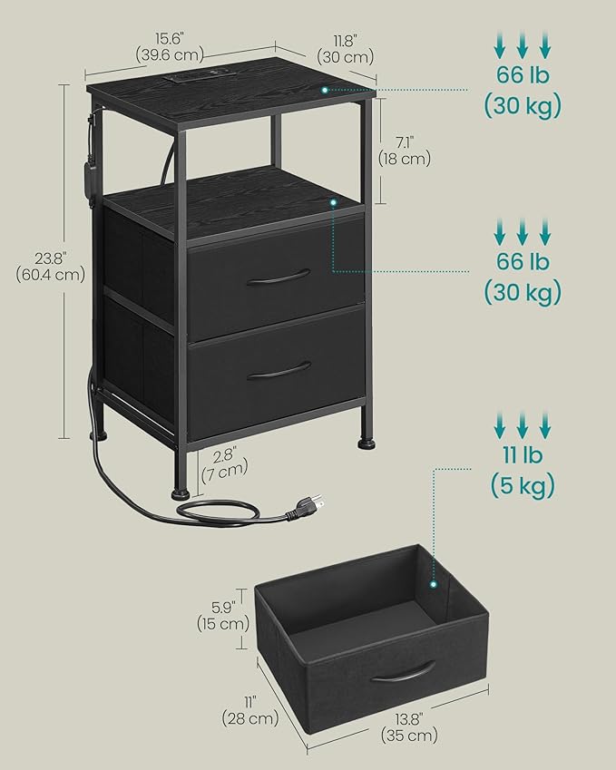 SONGMICS BELLAH Collection - Nightstand with Charging Station and App-Controlled Adjustable LED Lights, Bed Side Table, 2 Drawer and 1 Open Shelf, Bedroom, Ink Black and Ebony Black ULGS302BH01S