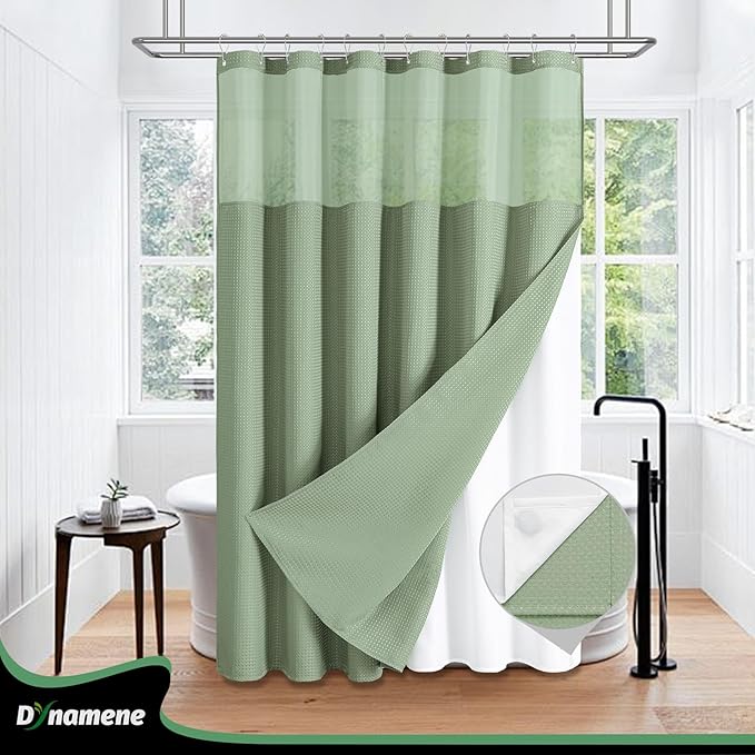 Dynamene Extra Long Shower Curtain, 84 Inch Long Waffle Fabric Shower Curtain for Bathroom, Tall Waterproof Cloth Shower Curtain Liner Set with Hook, Snap in Liner, Mesh Top Window, Sage Green, 72x84