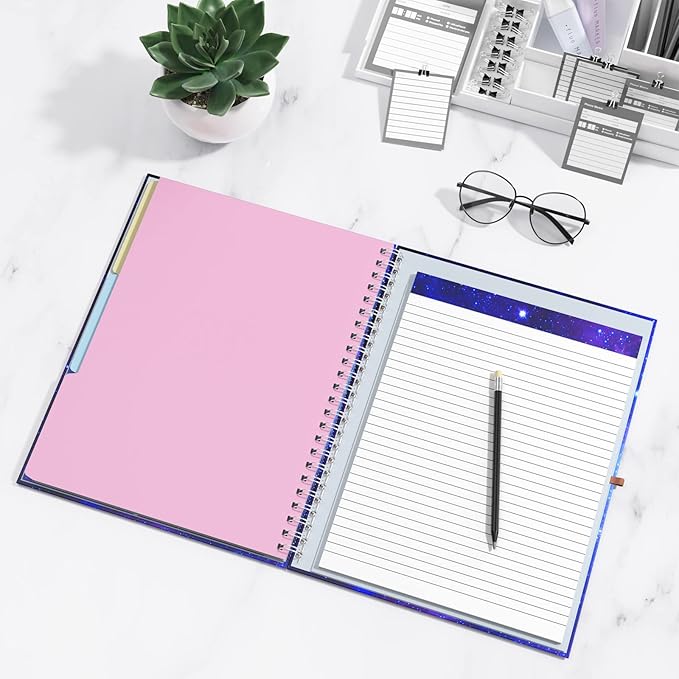 Rimilak Spiral Clipboard Folio with Refillable Lined Notepad, 14.5 x 9.8 In, Hardcover Cover with 5 Interior Pockets, Elastic Band and Pen Loop Series. Cute Stylish Clipfolio, Purple Nebula
