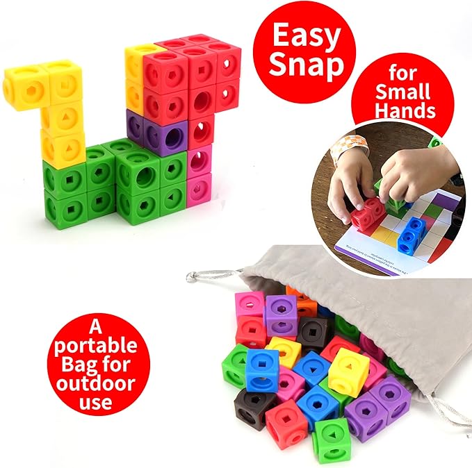 BenBen 100pcs Linking Cubes with 15 Double-Sided Activity Cards - Math Manipulatives for Kids Ages 4-8, Counting Blocks for Kindergarten, Snap Cubes STEM Educational Toy for Classroom & Homeschool