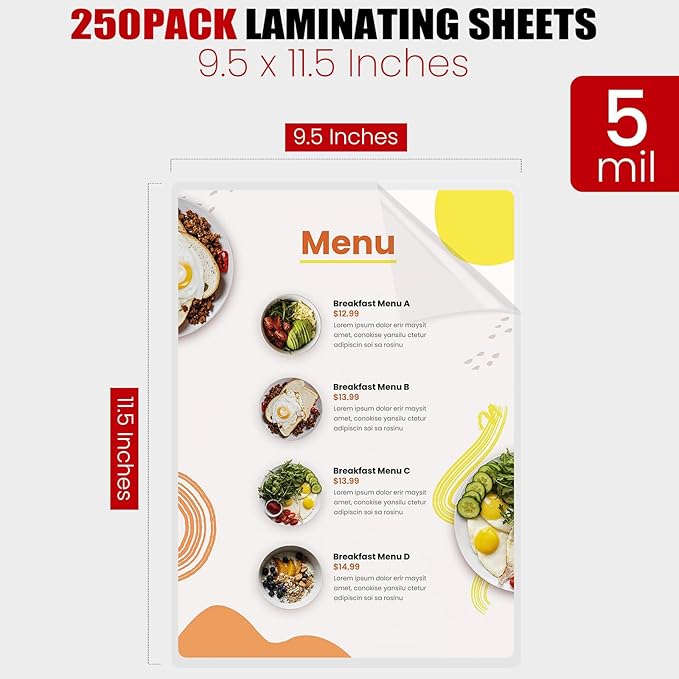 CAREGY Thermal Laminating Pouches,250 Pack Laminating Sheets, 5 Mil, 9 x 11.5 Inches Lamination Sheet Paper for Laminator, Round Corner Letter Size, Office and School Supplies