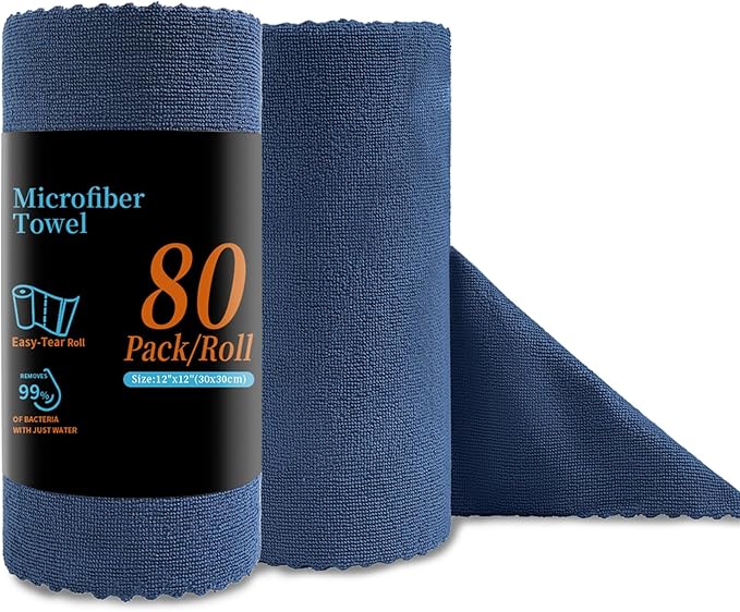 Jessy Home 80 Pack Microfiber Cleaning Cloth Roll Reusable Paper Towels 12"x12" Tear Away Cloth, Microfiber Towels for Cars, Wash Cloths, Lint Free Rags for House,Kitchen,Window,Cleaning Supplies