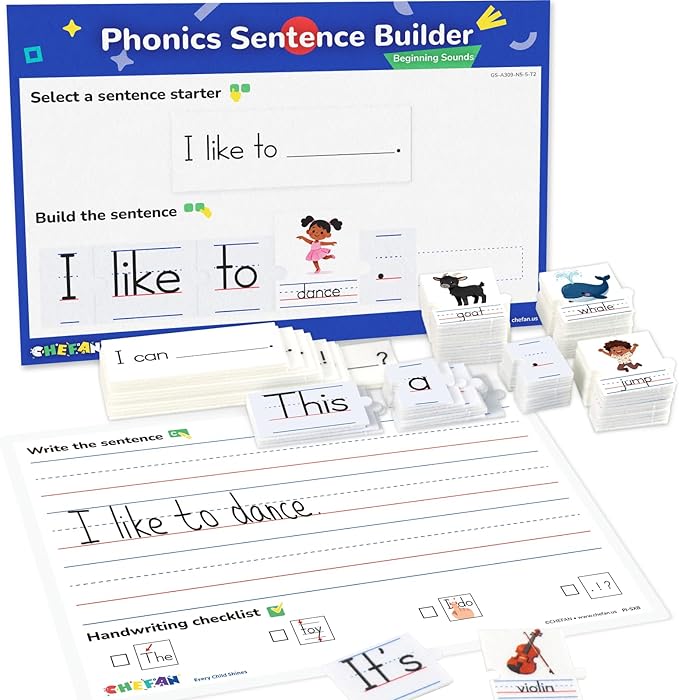 CHEFAN Sentence Building Phonics Flash Cards Kit, Sight Words & Picture Cards with Writing Board, Alphabet Learning Activities for Toddlers & Kids PreK Kindergarten 1st Grade, Speech Therapy Toys