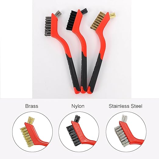 Small Wire Brushes Set for Cleaning Rust Removal in Holes, 3pcs Brass/Stainless Steel/Nylon Brushes