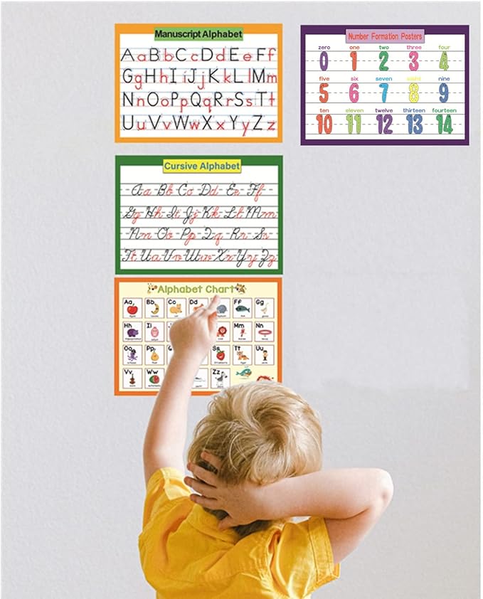 LUGMAZU 4 Pcs/Set Cursive Alphabet、Number、abc letter poster for Classroom Wall | Learning Posters for Decorations Organization,8.47x11.8in