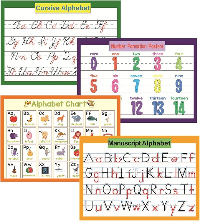 LUGMAZU 4 Pcs/Set Cursive Alphabet、Number、abc letter poster for Classroom Wall | Learning Posters for Decorations Organization,8.47x11.8in