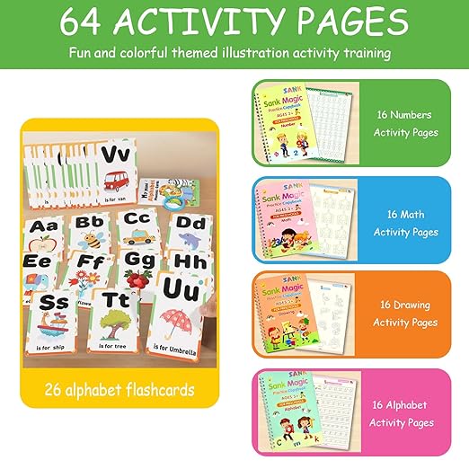 Magic Grooved Writing Practice for Kids Age 3-5,Reusable Groove Handwriting Workbooks,Preschool Learning Activities with Mini Alphabet Phonics&Auto-Disappearing Pen(4-Book)