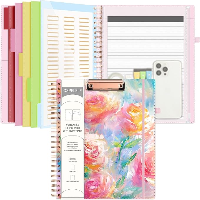 Ospelelf Pink Foldable Spiral Clipboard Folio with with Storage Zipper Pouch, 5 Plastic Folders with 10 Pockets, Leather Clipboard Folder with Notepad, 39 Divider Label Stickers (Rose)