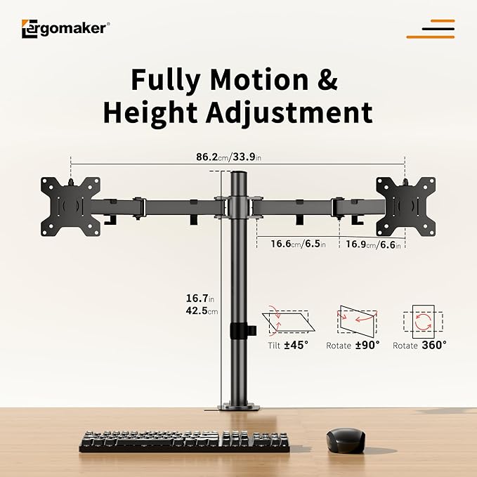 ERGOMAKER Dual Monitor Mount for Desk, Monitor Stand Holds 2 Computer Screens Fits 13" to 27", Heavy Duty Fully Adjustable Monitor Arm with C-Clamp and Grommet Base, VESA 75x75 100x100mm, Black