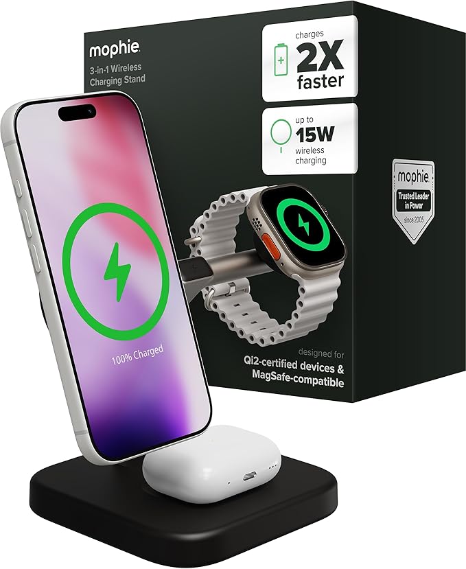 Mophie 3-in-1 Wireless Charging Stand - Qi2-Certified, MagSafe Charger for iPhone, Apple Watch & AirPods – Fast Charging Station with Adjustable Phone Stand & Cable Management – Up to 15W Power, Black