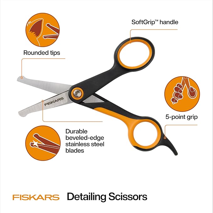 Fiskars Pet, Dog & Cat Grooming Scissors, Rounded Tips & SoftGrip Handle, Cat and Dog Supplies, 5.5”, Orange/Black, Detailing Scissors