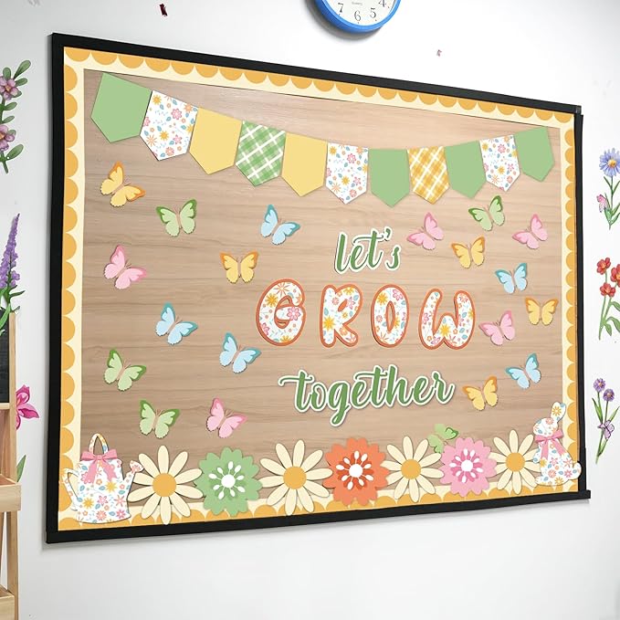 Spring Bulletin Board Decorations for Classroom - 66 Pcs Let's Grow Together Classroom Bulletin Board Set Butterfly Flower Cutouts for Spring Summer School Home Door Wall Decor Supplies