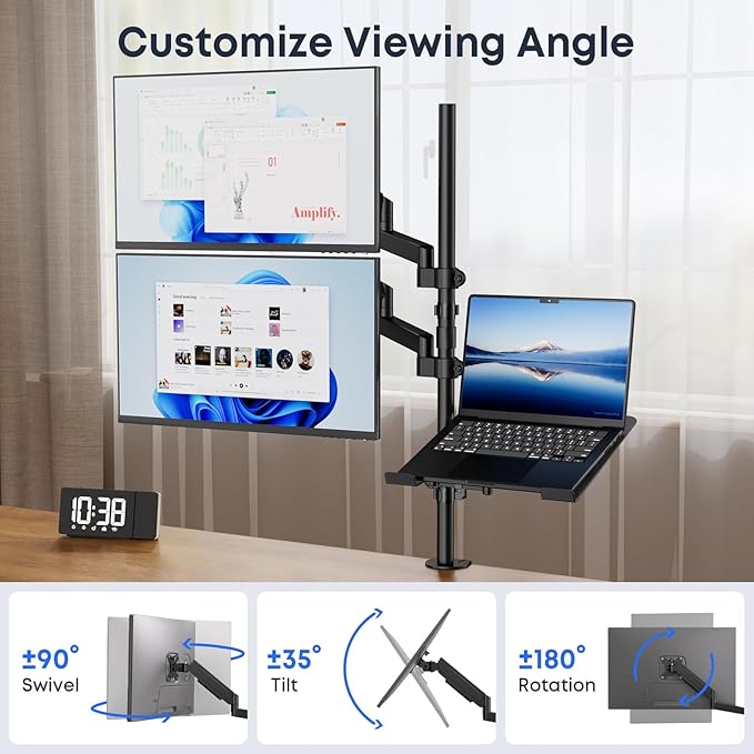 Dual Monitor and Laptop Mount Stand with Extra Long Pole, Holds 2 Monitors up to 32 Inch 19.8 lbs Each and 10-17 Inch Laptop, Full Motion Adjustable Desk Mount with C Clamp