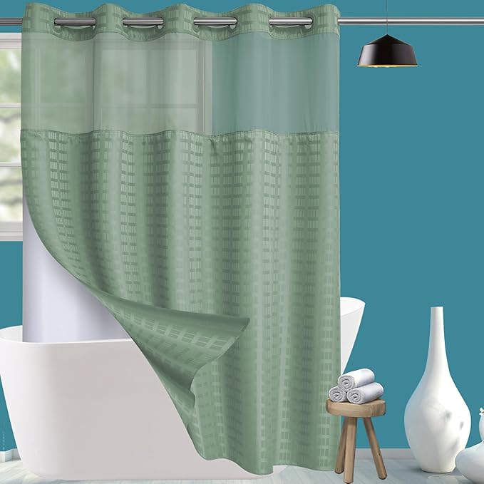 Conbo Mio Extra Long No Hook Sage Green Shower Curtain with Snap in Liner Set, Hotel Luxury Shower Curtains for Bathroom with See Through Top Window, Waterproof, Washable 71W x 84H