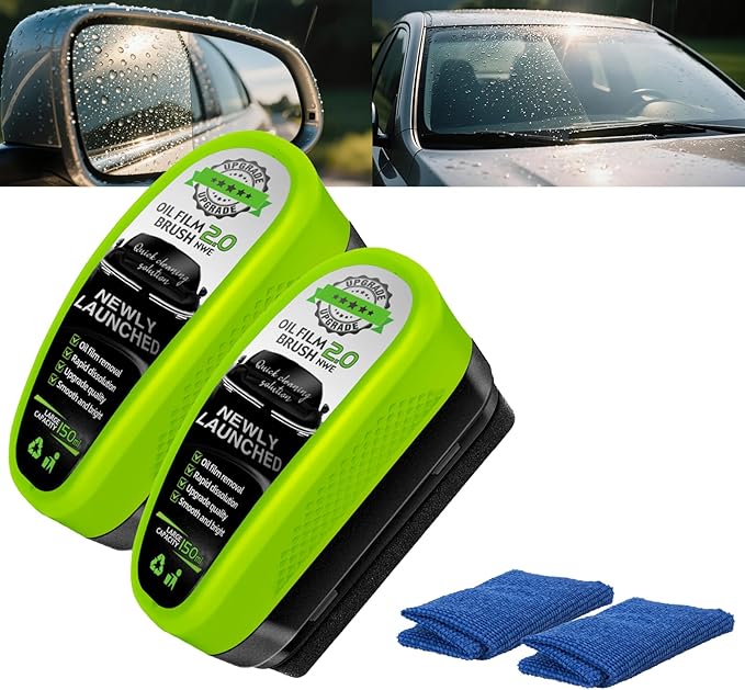 Kwak's Automotive Oil Film Cleaning Brush,Glass Oil Film Remover for Windshield Improves Clarity and Visibility,Prevents Rain and Stain 2 Set (150ml)