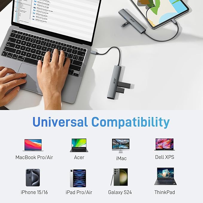 Acer 5 in 1 USB C Hub with 4K HDMI, 100W Power Delivery, 3 USB A Data Ports, USB C to HDMI Multiport Adapter for Laptop, PC, Tablet, MacBook Air, iPad Air, iMac, iPhone 15/16 Pro/Pro Max (2 Pack)