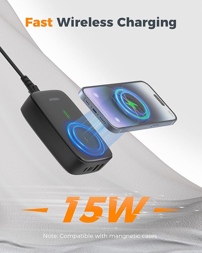 Wireless Charging Station for Multiple Device PD 65W USB C, TESSAN 6 in 1 Magnetic Wireless Charger Station, 5 Ft USB Charging Block Compatible with iPhone, Android Phone, Tablet, Laptop, Home Office