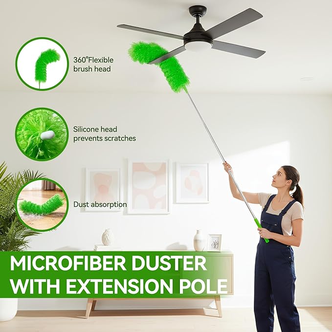 Cobweb Duster with Extension Pole, 3-in-1 Washable Cobweb Duster, Duster with 15-100-Inch Telescoping Pole, Bendable Design for high Ceiling, Fans, Blinds, Furniture