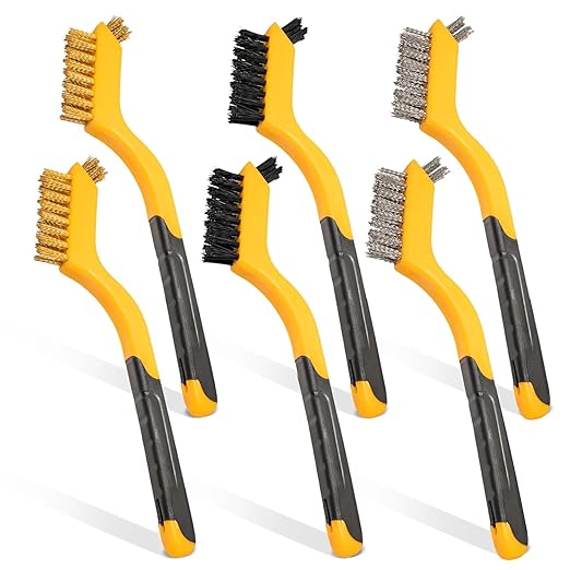 Wire Brush Set, 6 Pcs Brass/Stainless Steel/Nylon Wire Brushes for Cleaning with Curved Handle Grip for Rust Removal, Dirt, Paint Scrubbing
