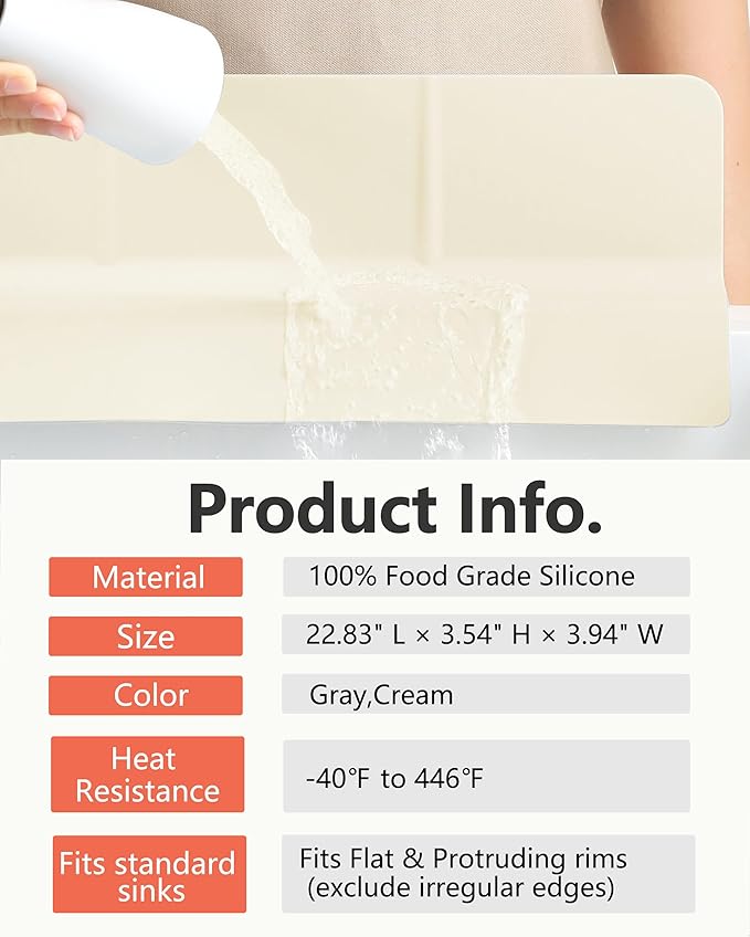 Kitchen Sink Splash Guard 23" Self-Draining Silicone Water Guard with High Splash Wall & Strong Suction Cups for Faucet, Countertop & Sink Edge, Keeps Sinks Dry, Dishwasher Safe,Cream
