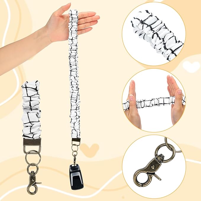 Marspark 2 Set Scrunchie Lanyards with 4 Card Holders for ID Badges and Keys Cute Stretchy Scrunchie Neck and Wrist Lanyards for Teacher Women Nurses School Office Supplies(Black White, Grid)