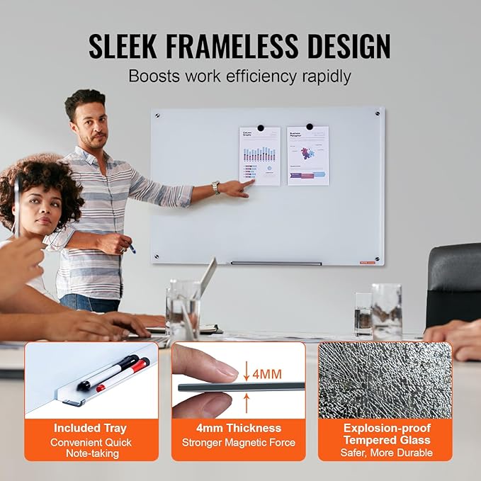 VEVOR Magnetic Glass Writing Board, Erasable 36"x24" Surface, Frameless Design for Wall, Includes Marker Holder, a Cleaning Tool, and 2 Writing Pens, White