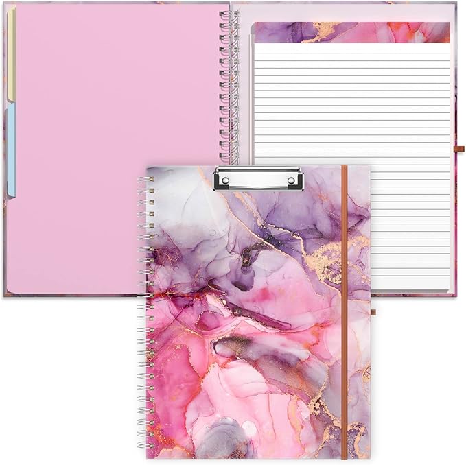 Rimilak Spiral Clipboard Folio with Refillable Lined Notepad, 14.5 x 9.8 in, Hardcover Cover with 5 Interior Pockets, Elastic Band and Pen Loop Series. Cute Stylish Clipfolio, Pink Gold Marble