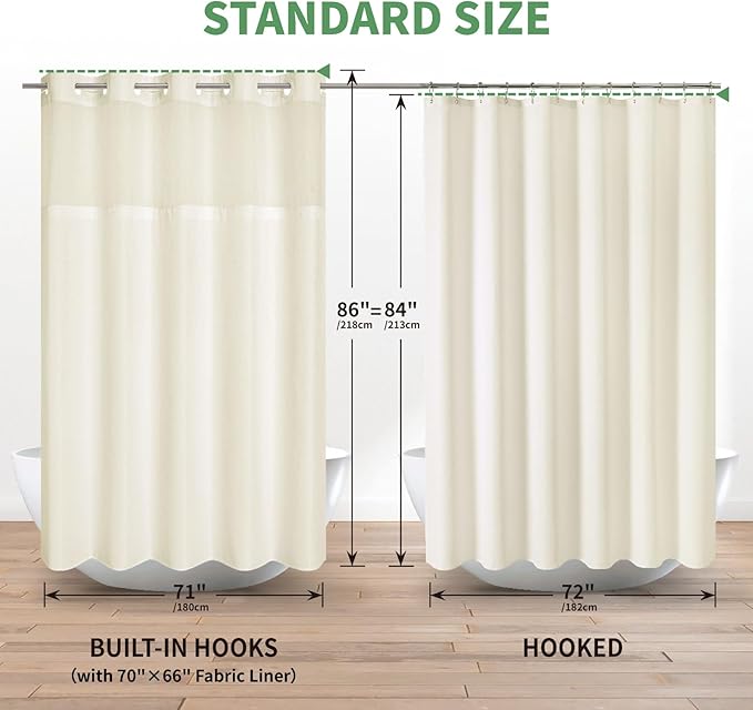 Extra Long No Hook Shower Curtain with Snap-in Fabric Liner Set,Cream Waffle Weave Shower Curtains for Bathroom,Hotel Luxury Decor Bathroom Curtain Set,Waterproof & Washable,71Wx86H