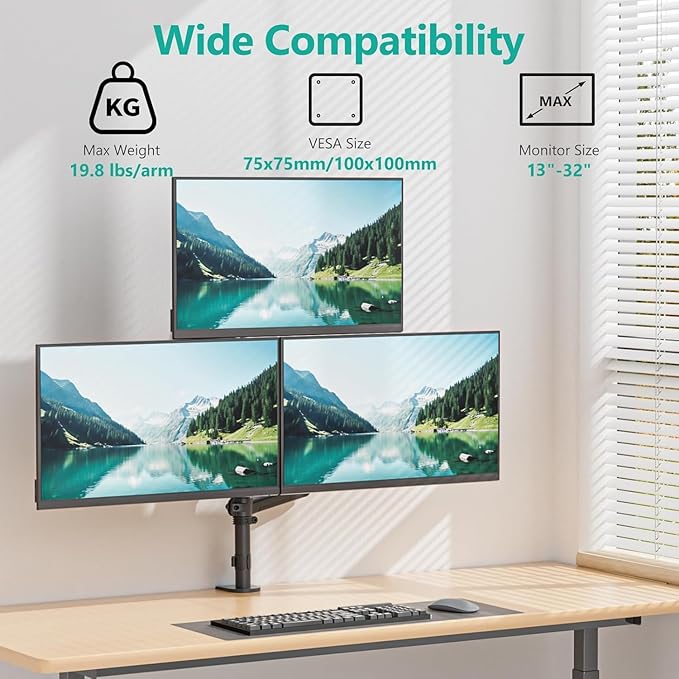 WALI Triple Monitor Mount for 13-32 inch Screens, Full Adjustable 3 Monitors Desk Mount with Clamp & Grommet Base, Gas Spring Monitor Arm, up to 19.8lbs Each, VESA 75x75 100x100 mm (GSDM003XL), Black