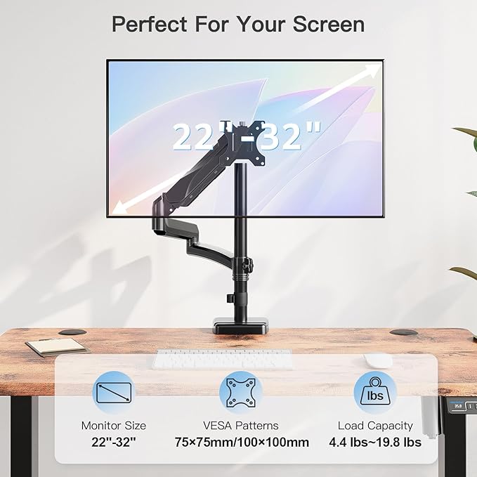 MOUNTUP 27 inch Extra Long Monitor Arm, Single Desk Mount for 22-32 inch, Tall Monitor Stand Holds 4.4-19.8lbs, Height Adjustable Monitors Stand for Desk with C-Clamp/Grommet Base, Black