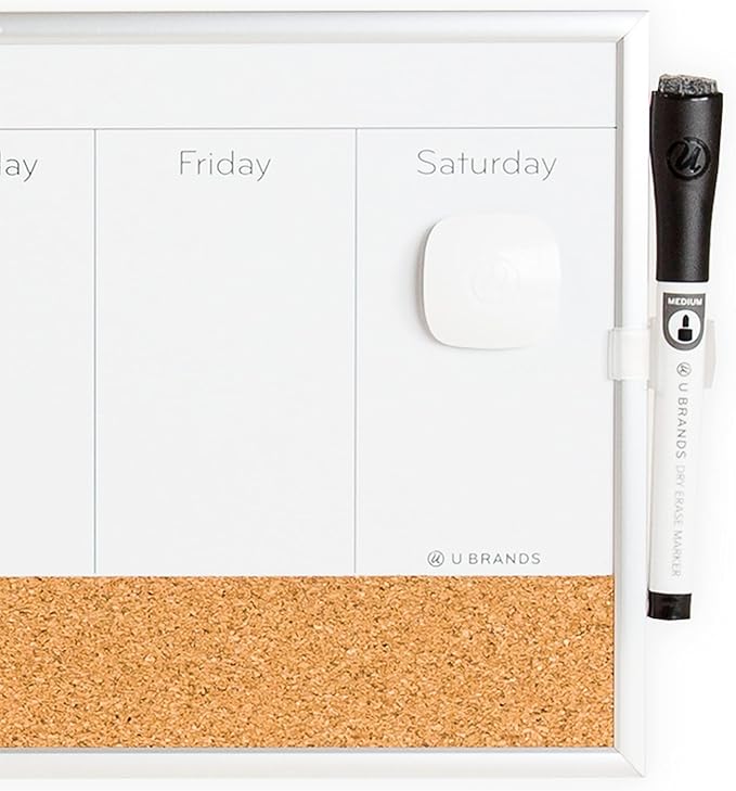 U Brands Magnetic Dry Erase/Cork Weekly Horizontal Calendar Board, 7 x 16 Inches, Silver Aluminum Frame (358U03-12)