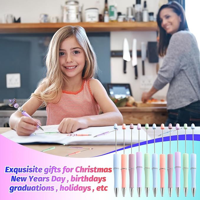300 Pieces DIY Beadable Pen Kit – 100 Plastic Ballpoint Pens with Refills & Bags – School Supplies, Office Accessories & Decorative Items for Students & Teachers (Pastel)