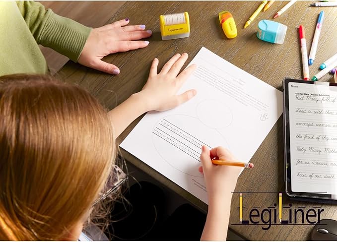 LEGILINER 1/2" Double Stack Dashed Handwriting Line (Yellow) Teacher Stamp – Two Tri-Line Dashed Patterns. Classroom & Home Use. Refillable Ink Writing Practice Double Line Roller Stamp.