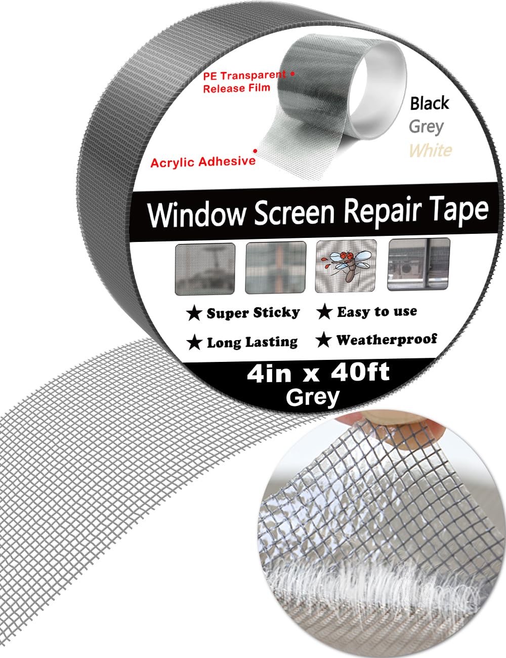 wohohoho Window Screen Repair Tape, 4 in X 40 FT (480IN) Grey Screen Patch Repair Kit, 3-Layer Strong Adhesive Invisible Screen Tape Mesh Repair for Windows, Doors Garage Mosquito Net Magnetic Screen